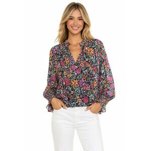 NWT BTFL-life Floral V-Neck Blouse Smocked Cuffs Boho Vacation M New